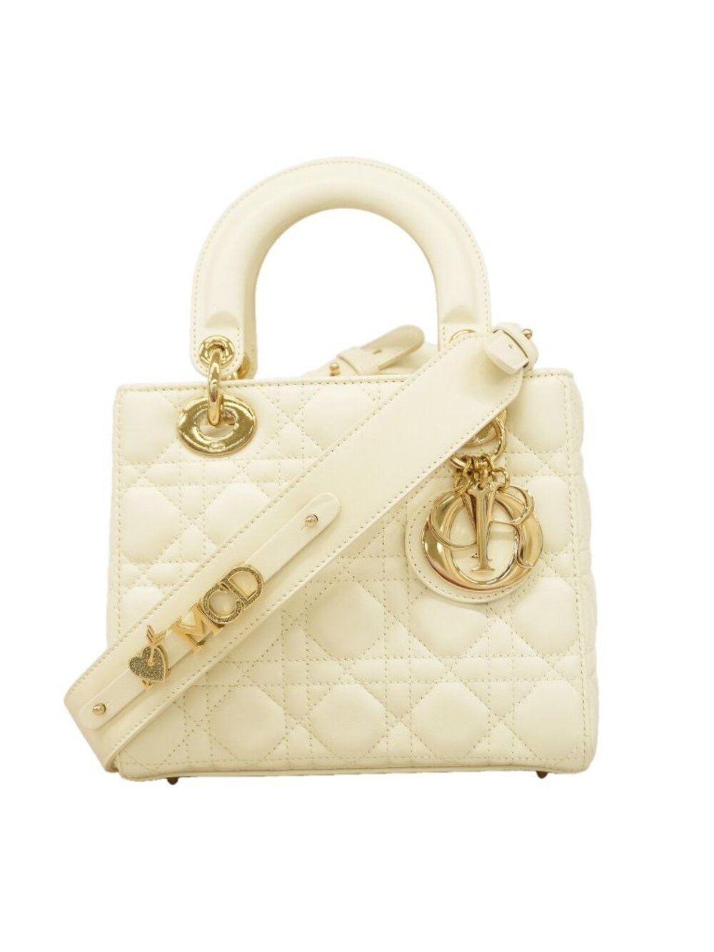 Dior Handbag Cannage Lady Leather White Champagne Gold 2-Way Bag